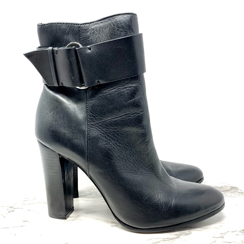 SCHUTZ Namil Buckle Detail Leather Booties 8 Minimalist Sleek Neutral Classic - Picture 2 of 14